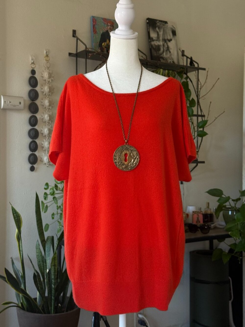 Banana Republic 100% Cashmere Short Sleeve Sweater Poppy Orange Red XL Boat Neck